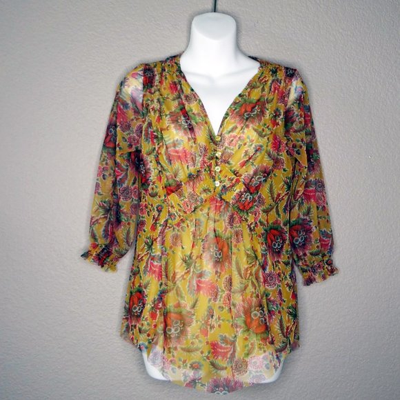 Anthropologie Gretchen V Neck Smocked Mesh Top Yellow Sheer Floral Blouse XS New - Picture 1 of 11